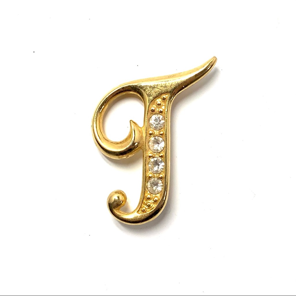 Gold “T” Letter Initial Rhinestone Pin Brooch